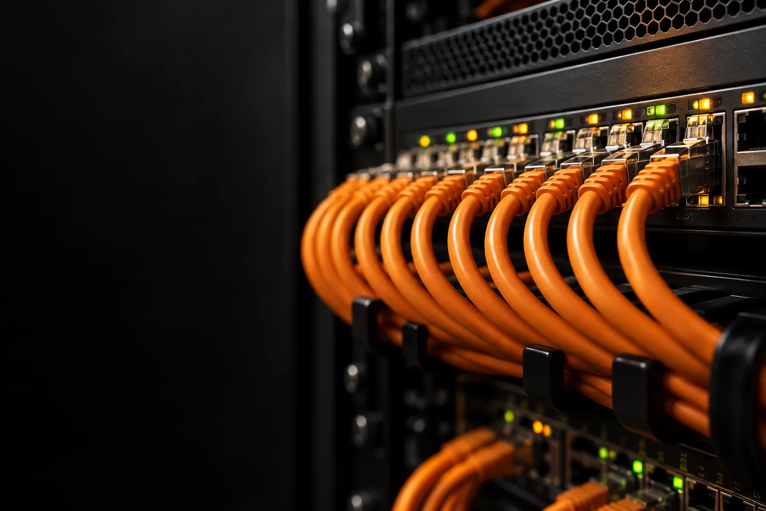 Orange Ethernet cables connected to a network switch