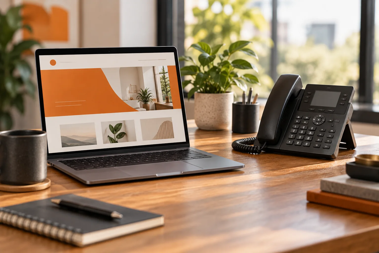 Business laptop and phone in a modern workspace